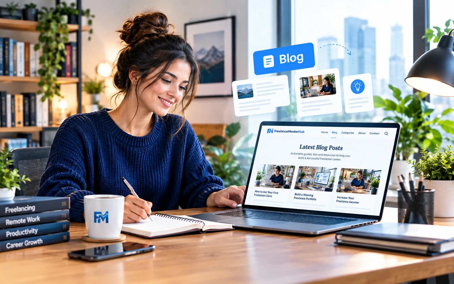 Freelancer working at a desk while planning a professional remote career