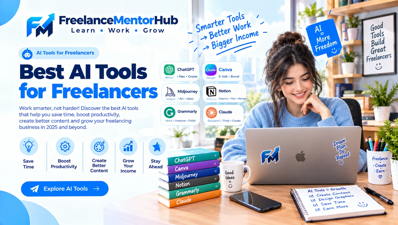 Freelancer using AI tools for writing, research and productivity