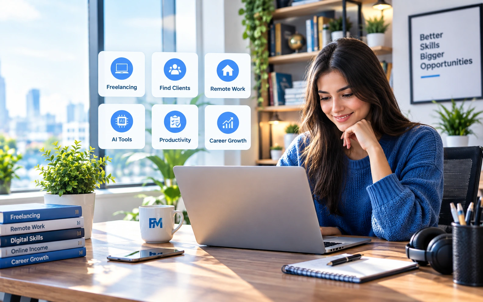 Freelancer working at a desk while planning a professional remote career