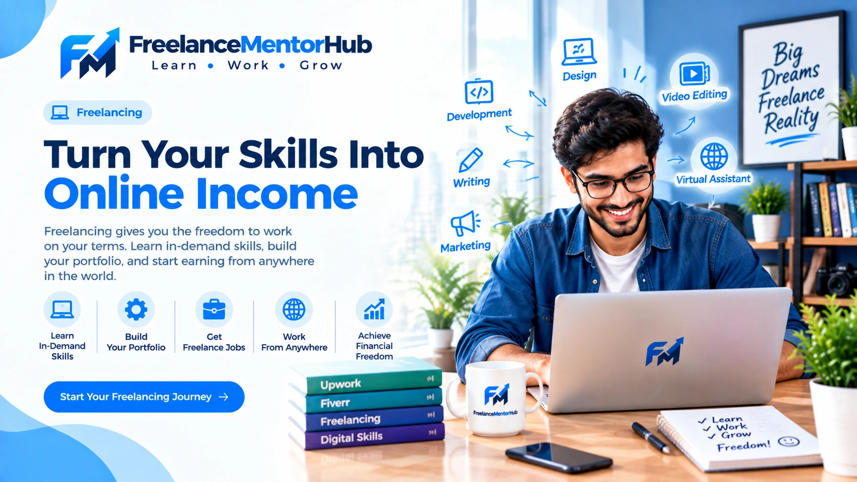 Freelancer working at a desk while planning a professional remote career